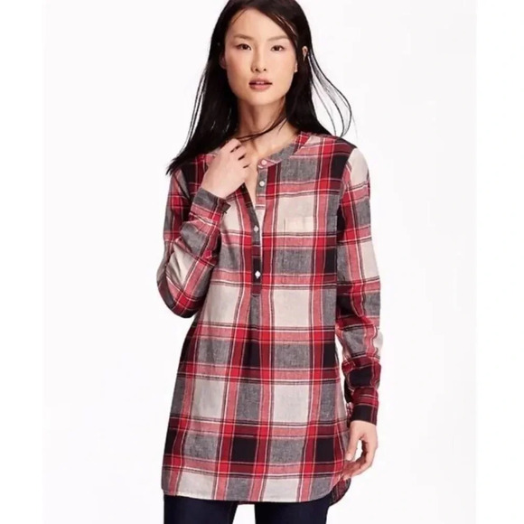 Red Plaid Partial Button Front Linen Cotton Top - Picture 1 of 5
